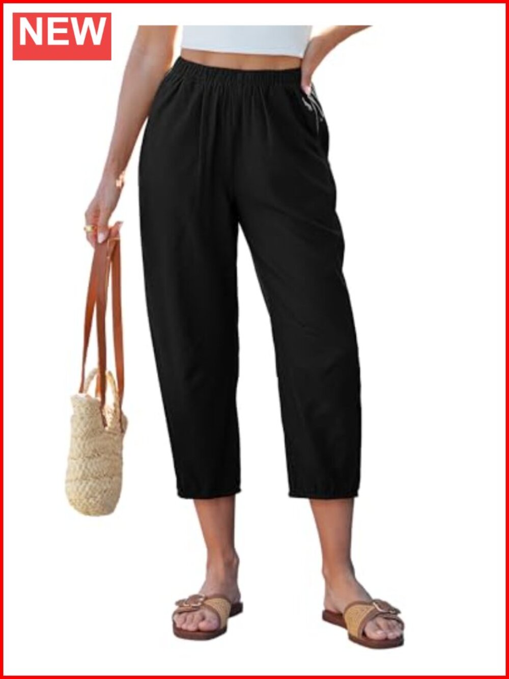 Linen Barrel Capris Elastic Waist Pull On Cropped Pants